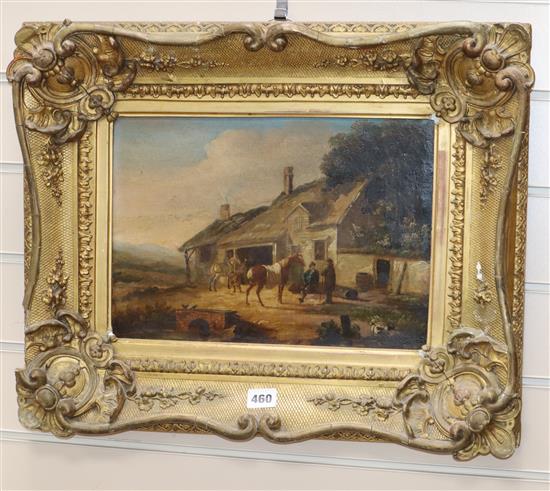 Early 19th century English School, oil on canvas, Riders at rest beside a cottage, 24 x 34cm